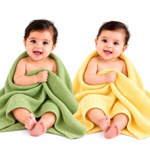 Towels World Naturally Dyed Green & Yellow Newborn Baby Towels – GOTS Certified Organic Cotton – 100 × 100 cm – Pack of 2