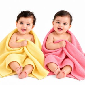 Towels World Naturally Dyed Pink & Yellow Newborn Baby Towels – GOTS Certified Organic Cotton – 100 × 100 cm – Pack of 2
