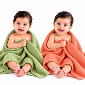 Towels World Naturally Dyed Green & Orange Newborn Baby Towels – GOTS Certified Organic Cotton – 100 × 100 cm – Pack of 2