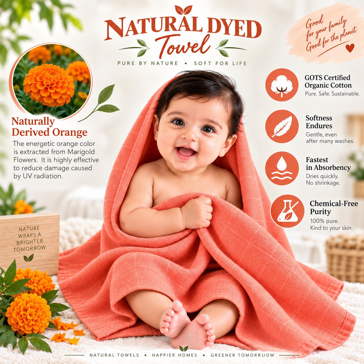 Towels World Naturally Dyed Orange Newborn Baby Towel - Image 2