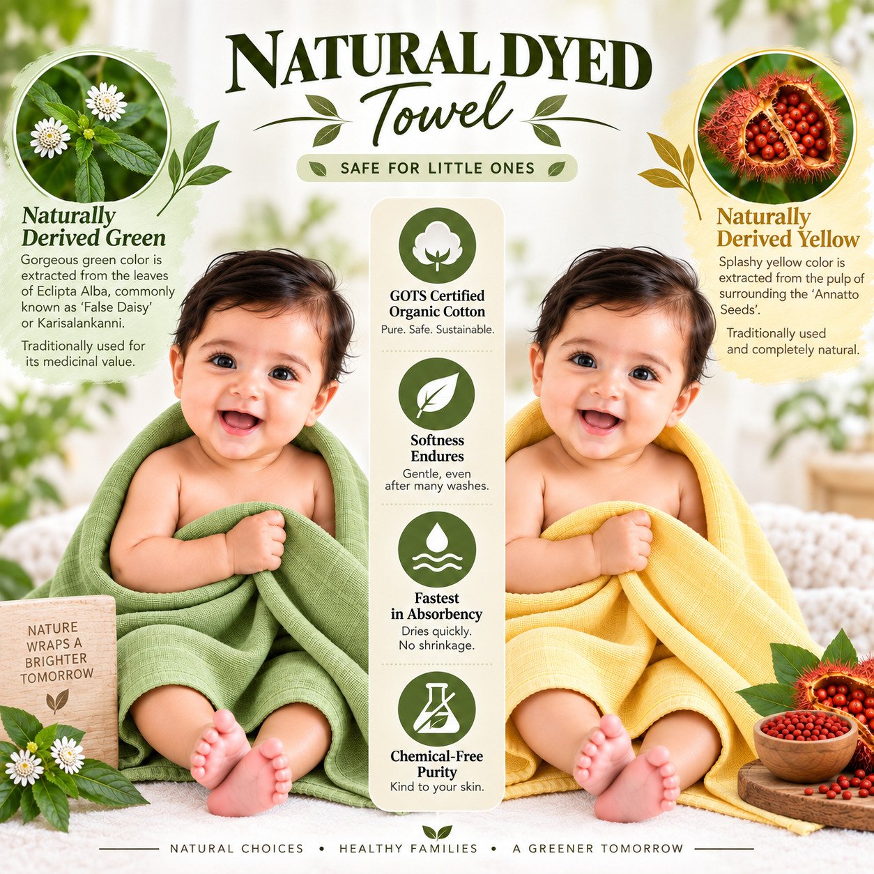 Towels World Naturally Dyed Green & Yellow Newborn Baby Towels – Pack of 2 - Image 2